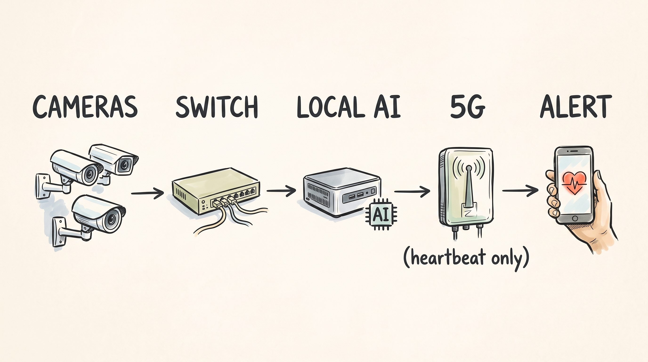 PoE cameras to a private switch, then local AI, then 5G for alert and heartbeat.