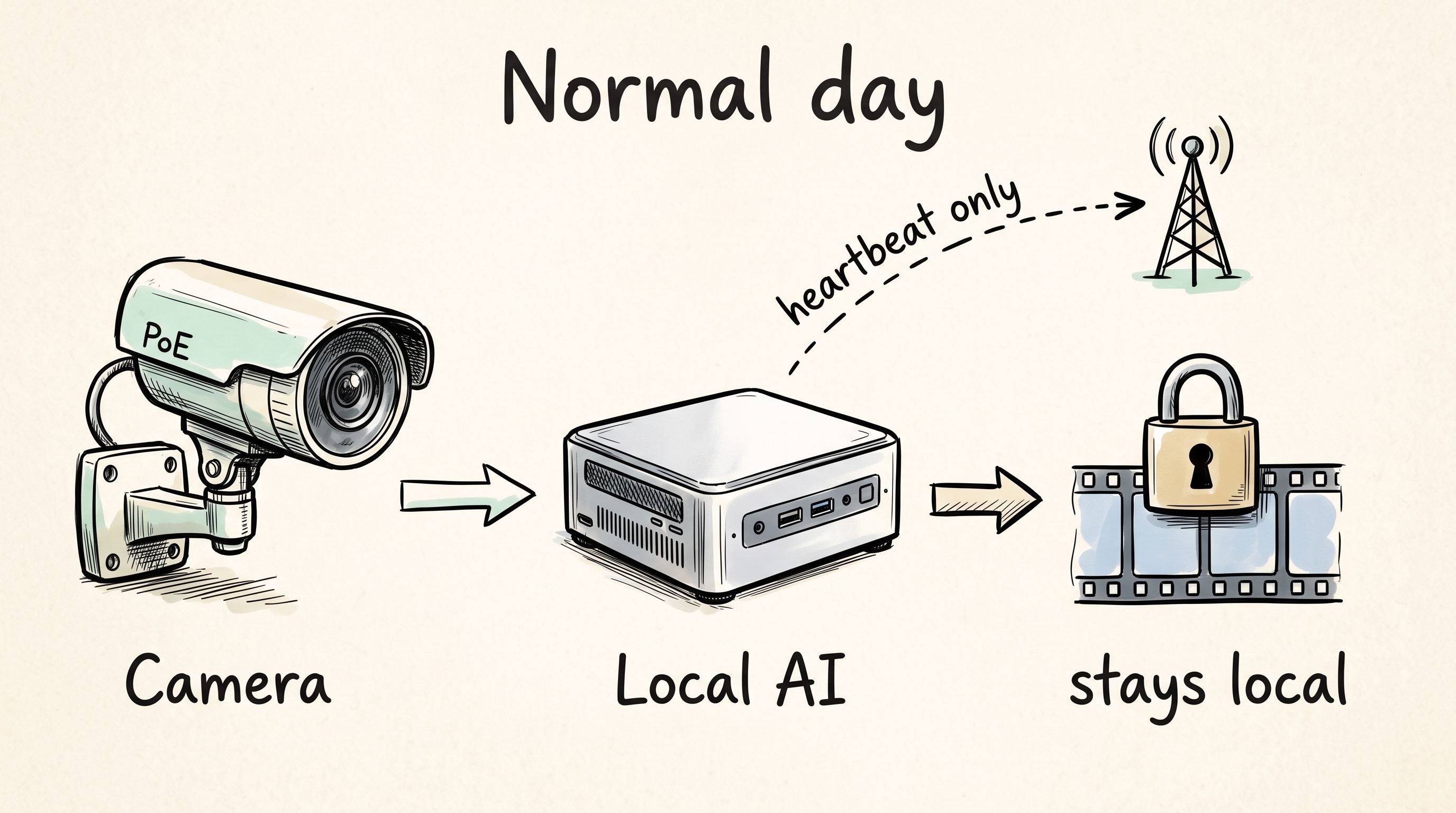 Normal day: camera video goes to the local AI box. Analysis and the rolling buffer stay local. Only a heartbeat leaves.